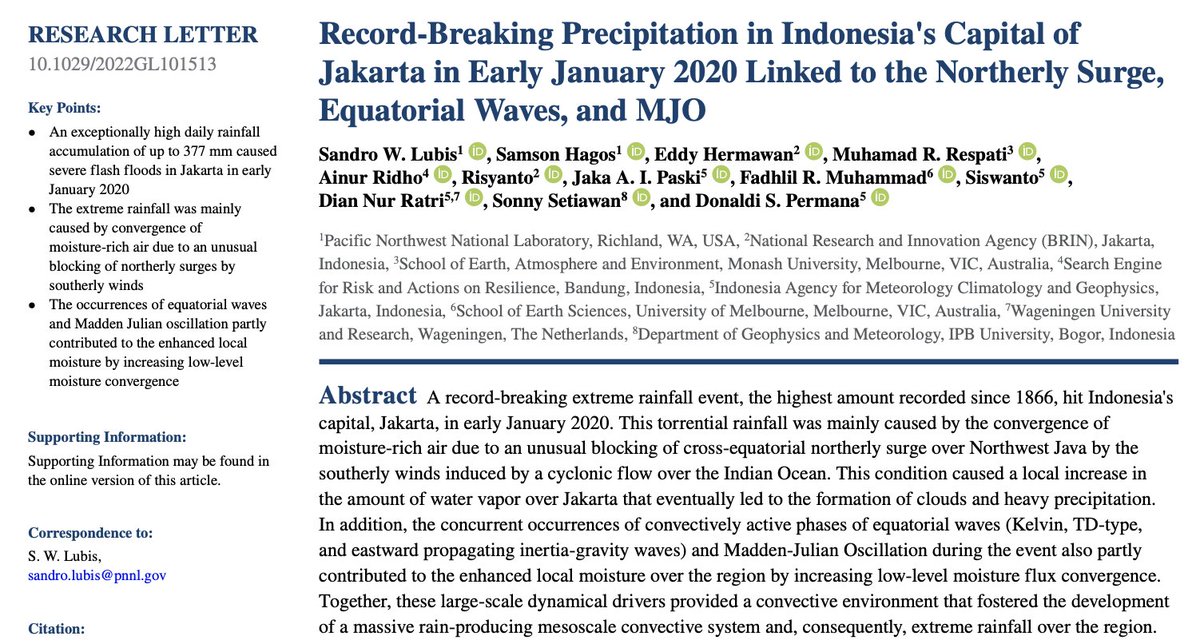 SandroWLubis's tweet photo. Thrilled that our paper, investigating atmospheric driving mechanisms of the "record-breaking" extreme rainfall event (since 1866) in Indonesia's capital of Jakarta, has been published in #GRL @theAGU https://t.co/j0xqQmAis1 @BMKGid @BNPB_Indonesia @CNNIndonesia @brin_indonesia https://t.co/jWvCg3qeYR
