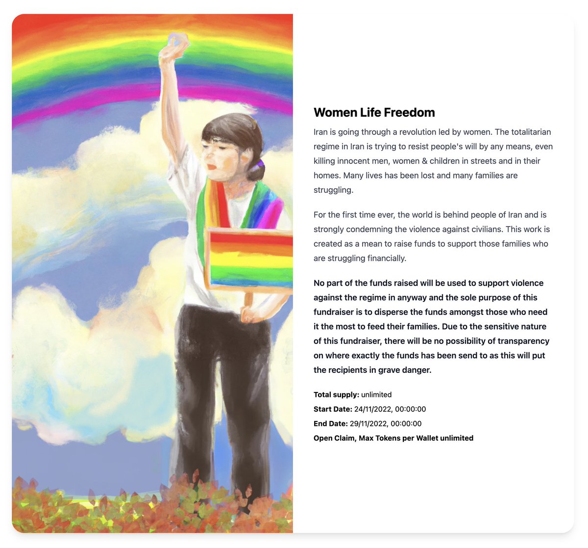 Mondoir (@mondoir) on Twitter photo So here you go.
If you want to help, feel free to mint as many as you’d like.
This is a fundraiser to help families affected by brutally of the regime in Iran.
Please re-tweet and we might make history. ✌️
app.manifold.xyz/c/women-life-f…
On <a href="/manifoldxyz/">manifold.xyz</a>
0.002 eth ($2.5) So here you go.
If you want to help, feel free to mint as many as you’d like.
This is a fundraiser to help families affected by brutally of the regime in Iran.
Please re-tweet and we might make history. ✌️
app.manifold.xyz/c/women-life-f…
On <a href="/manifoldxyz/">manifold.xyz</a>
0.002 eth ($2.5)