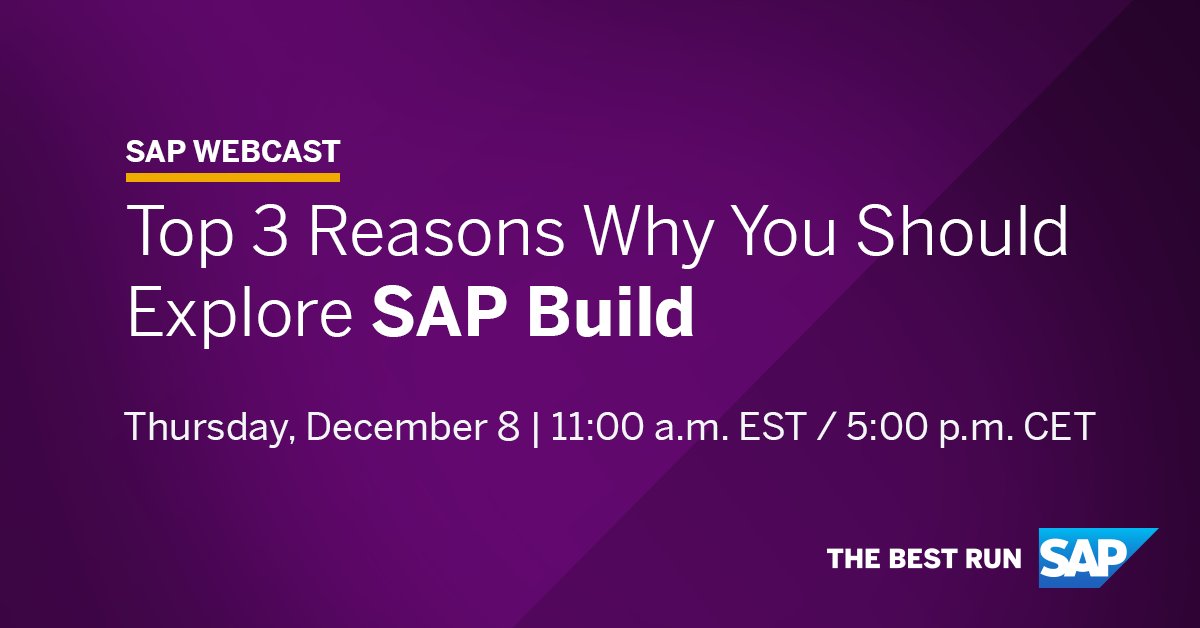 Tijdens TechEd vorige week is SAP Build geïntroduceerd. Op 8 december organiseren we een webinar waarin we 3 redenen geven om met dit low-codeplatform aan de slag te gaan. Registreer je hier👉 imsap.co/6019MfenH  

#SAPBuild #lowcode #webinar