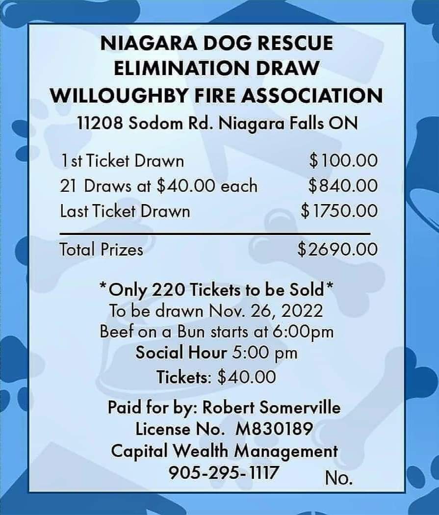 Last chance to get tickets…we have a very few remaining!

Join us for an evening of fun and prizes!  Sat, Nov 26 5pm.
NDR Elimination Draw at Willoughby Firehall.  11208 Sodom Rd. NF.  Cash and other amazing prizes to be won
For ticket info, .contact diannecartmell@gmail.com