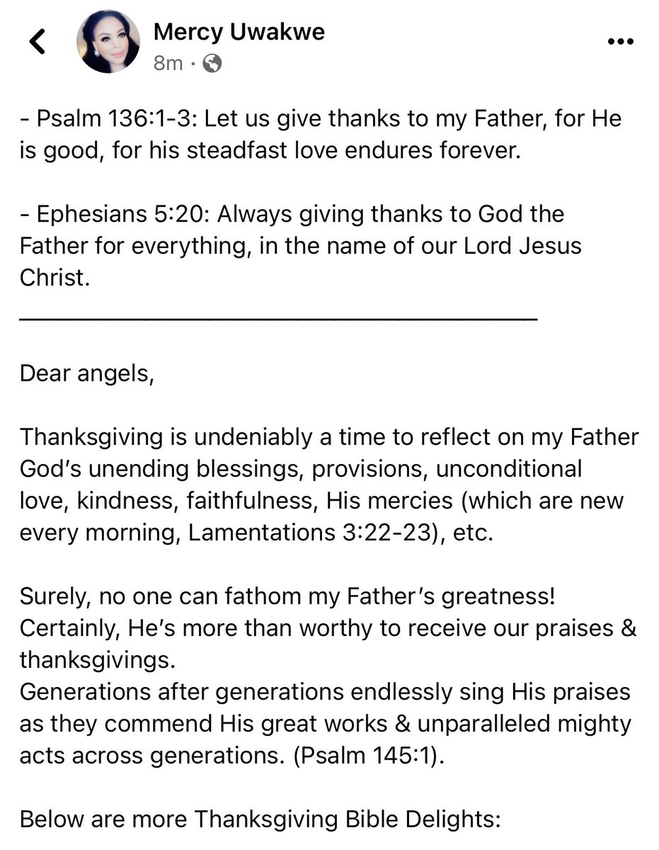 drmercyuwakwe's tweet photo. Dear angels—Happy Thanksgiving to you & yours.
Regards,
Mercy Wave.
P.S. Thanksgiving Bible Delights attached.
#mercywave #happythanksgiving #happythanksgiving2022 https://t.co/3oKn1GN4ss