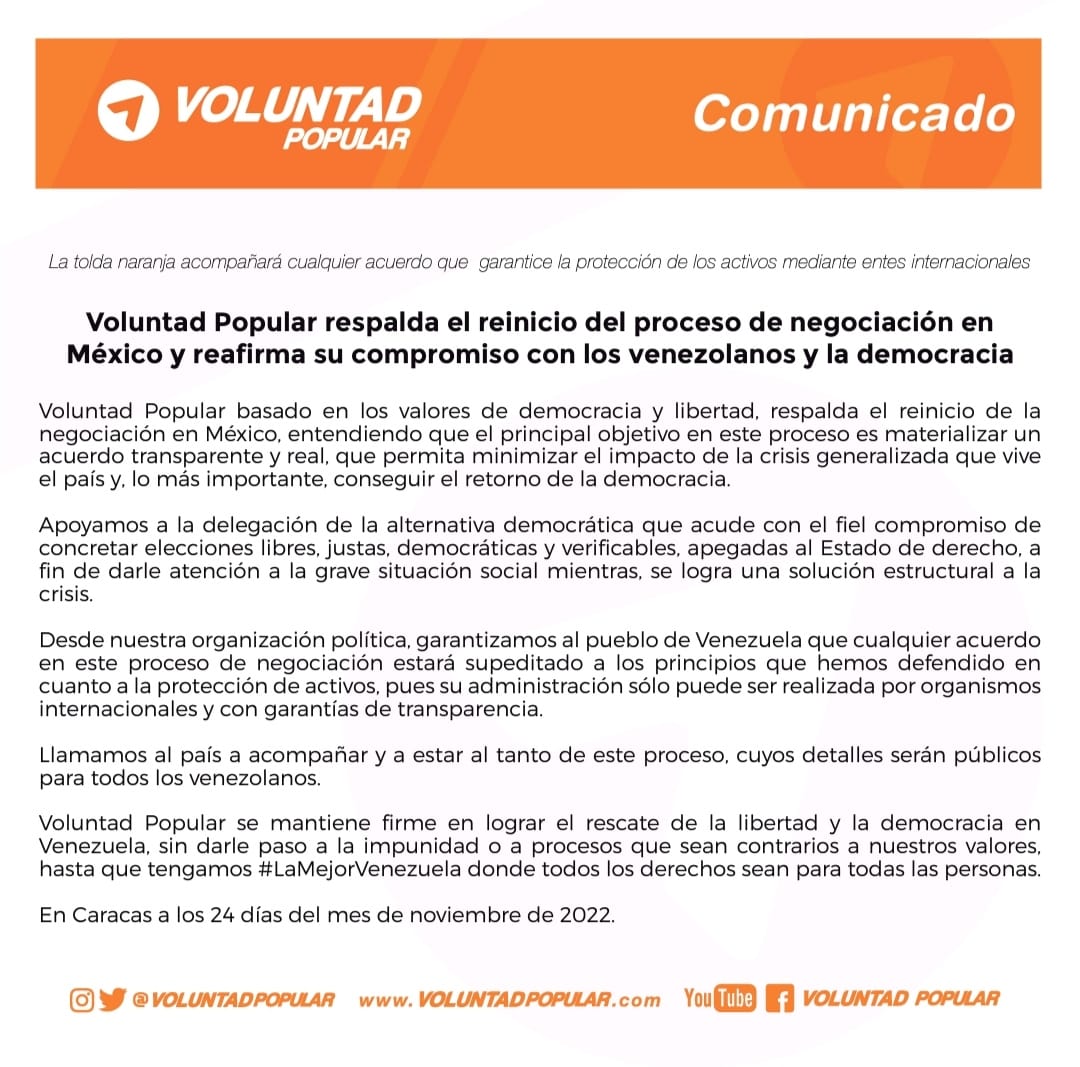 #ComunicadoVP | Voluntad Popular respalda el reinicio del proceso de negociación en México y reafirma su compromiso con los venezolanos y la democracia