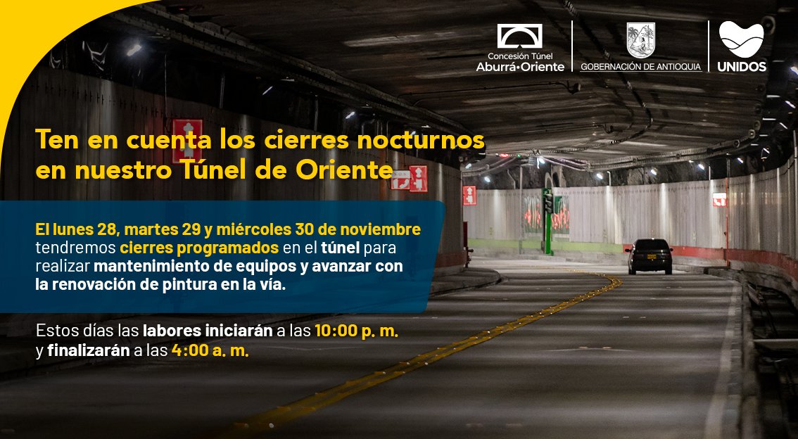 La próxima semana realizaremos cierres nocturnos en la conexión #TúnelDeOriente entre las 10:00 p. m. y las 4:00 a. m.  por mantenimiento de equipos 👷.

Si te diriges desde o hacia el Oriente, te recomendamos tomar Variante Palmas.

<a href="/GobAntioquia/">Gobernación de Antioquia</a> <a href="/ObrasAntioquia/">Secretaría de Infraestructura</a>