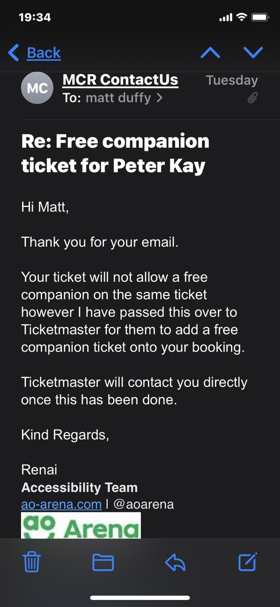 chewy_17's tweet photo. @Ticketmaster can you please answer my query with a straight answer!!!!! I’m requesting a ticket for my carer for @peterkay_co_uk. I’ve emailed a number of times. @AOArena have emailed me the below https://t.co/7l436HuHQY