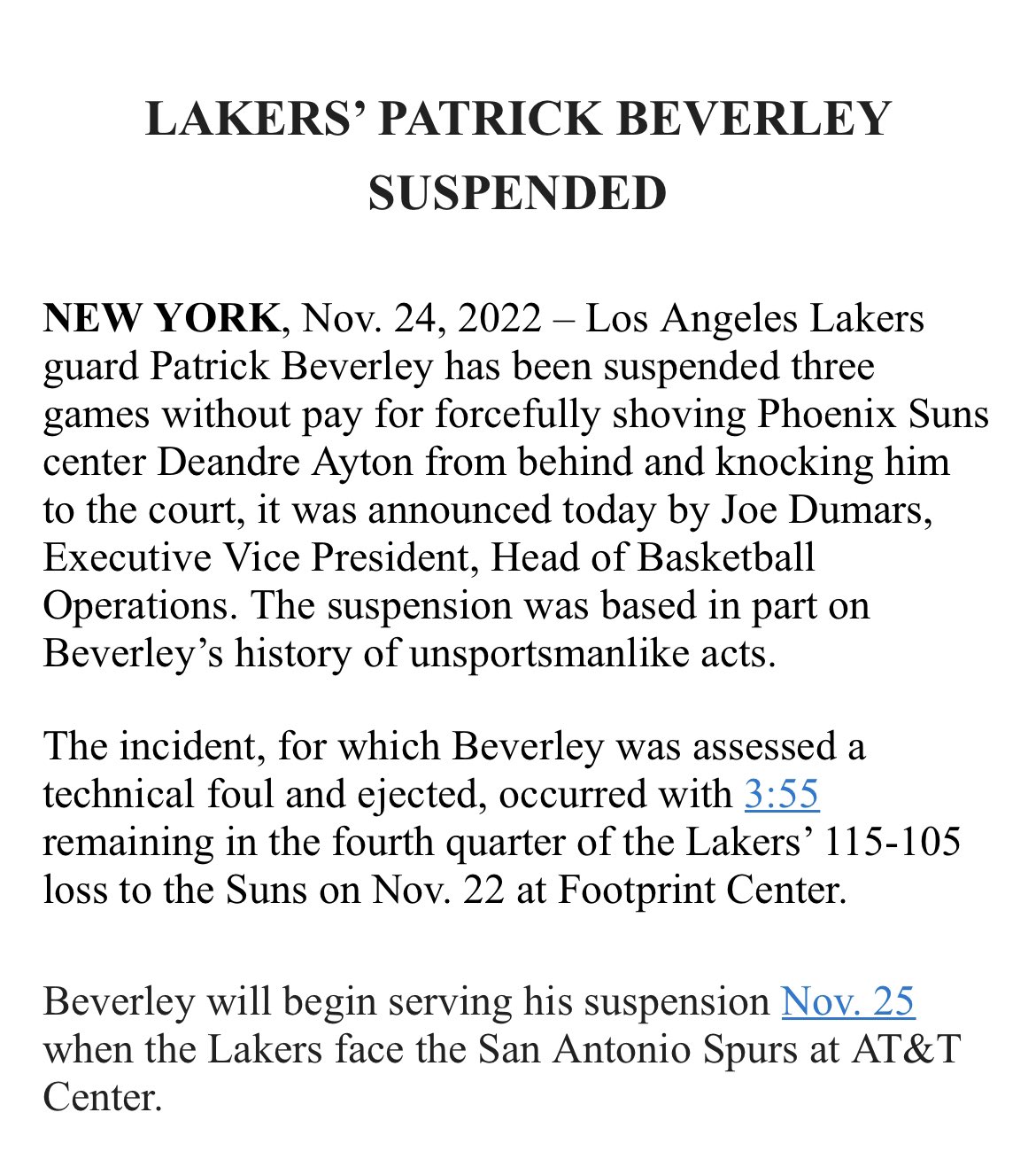 LA Lakers guard Patrick Beverley suspended three games for shoving incident