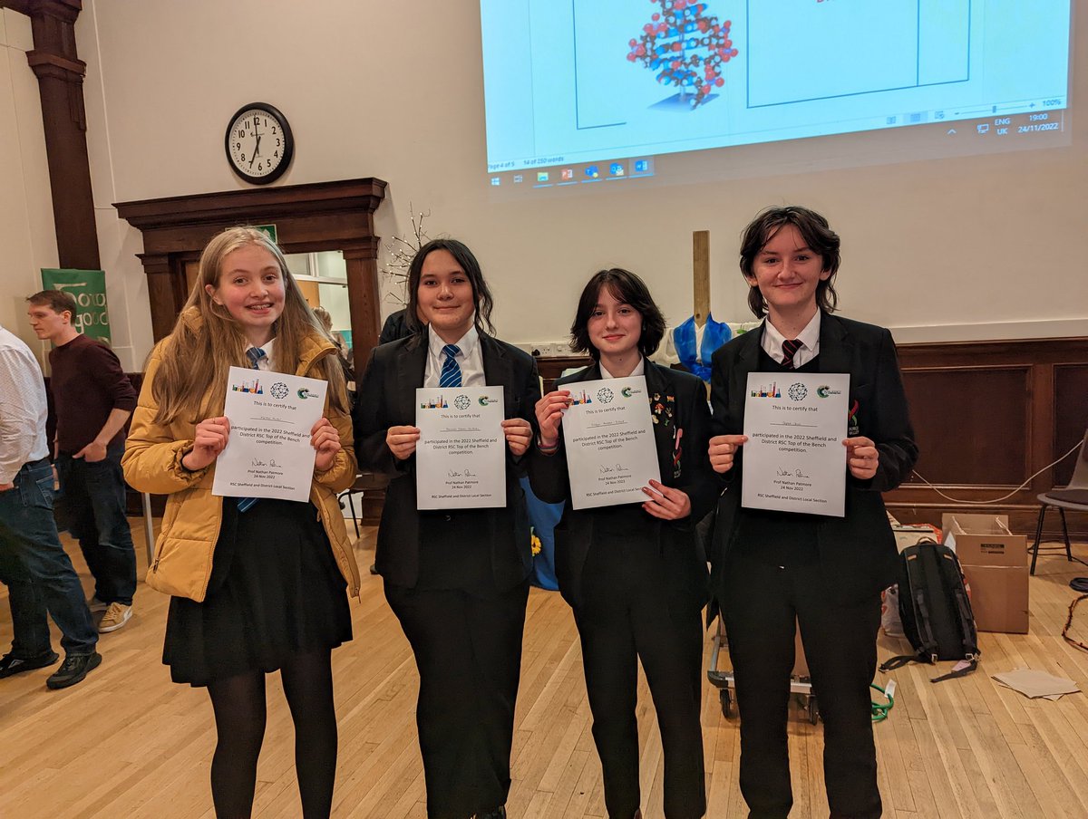 ForgeValleySci's tweet photo. Congratulations @ForgeValley pupils: Martha, Hannah, Sophie and Evelyn for competing and coming 3rd at the Sheffield regional @RoySocChem Top of the Bench competition at @NDHSSheffield! Also a big thank you to our teams helper, Alexandra from @ndhs_sixth_form! https://t.co/Mzl43fi73K