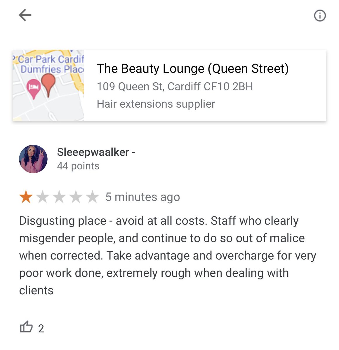 sleeepwaalker's tweet photo. If yous can, take a moment to review this shit hole Beauty Lounge in Cardiff. 

I’ve watched multiple videos of the staff be vicious in misgendering someone, clearly transphobic - aggressive, super rough with them, over charge and be so rude https://t.co/jfqeSLRtA7