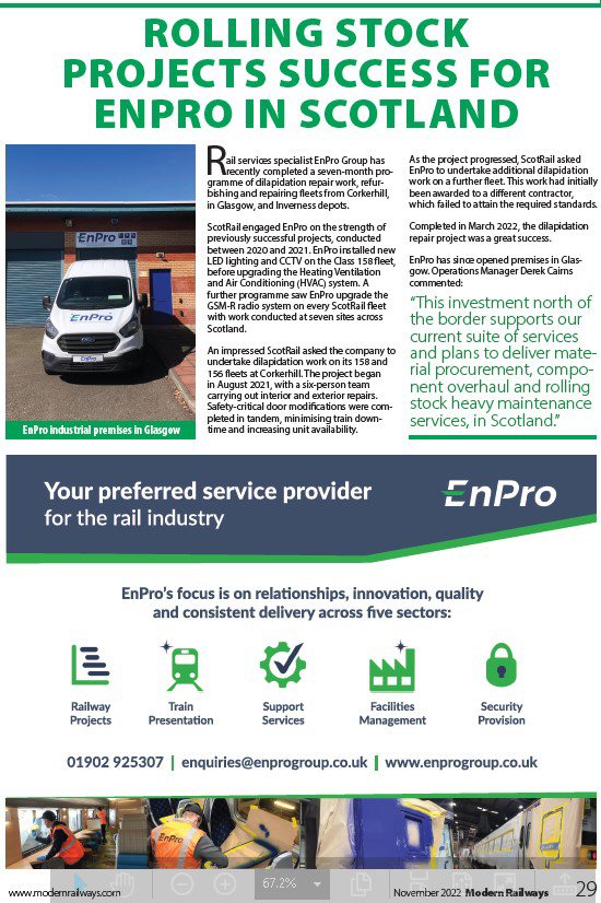 Rolling Stock projects success for #EnProUK in Scotland🏴󠁧󠁢󠁳󠁣󠁴󠁿
Rail services specialist EnPro has recently completed a programme of dilapidation repair work, refurbishing and repairing fleets from Corkerhill (Glasgow) & Inverness. 
‘Rail in Scotland’ Modern Railways (Nov-23).
#railway