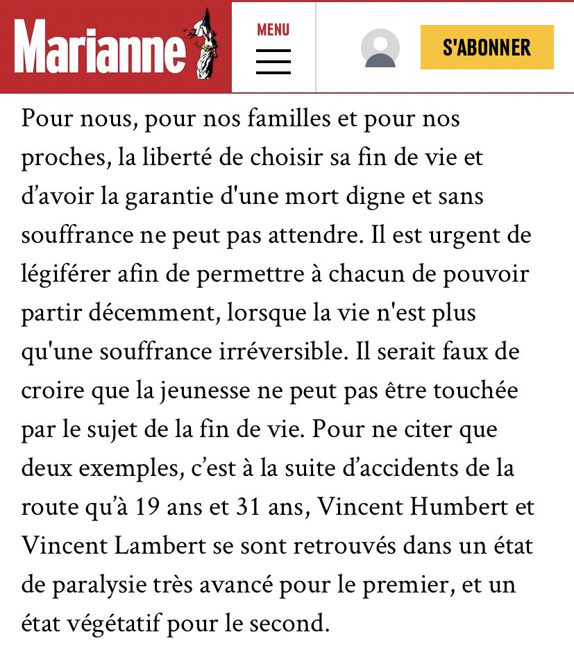CassandreMetyr's tweet image. Parce que ce sujet touche à l’intime de chacun, que nous pouvons avoir un vécu, j’ai ✍️ cette tribune

Je pense à tous les aidants du quotidien qui ont entendu «je ne veux pas finir comme ça» , «ne me laissez pas devenir comme ci»

Alors pr ma mamie je m’y suis engagée
#FindeVie