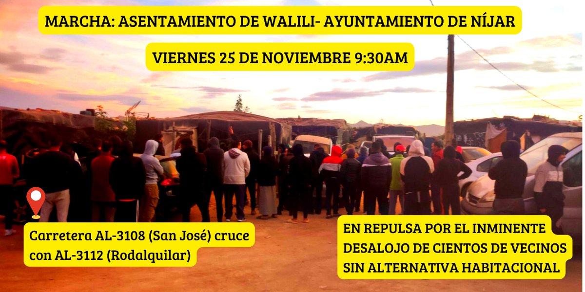 ‼️ALERTA
De nuevo el Ayto de Nijar y <a href="/AndaluciaJunta/">Junta de Andalucía</a> lo vuelven a hacer.
Quieren desalojar sin alternativa a las personas que sacan adelante el campo andaluz y sobreviven en el asentamiento de Walili, casualmente el que más se ve cuando llegas al Parque Natural de Cabo de Gata 🤬