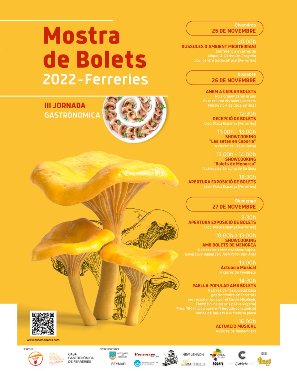 boletsdemenorca's tweet photo. ‼️ATENTOS‼️

💯Mañana da comienzo la MOSTRA DE BOLETS 2022, en Ferreries.

🍄Rússules d'ambient mediterrani
🗣️Miguel Ángel Pérez de Gregorio
📅25 de Noviembre, 20.00h
📍Centro Sociocultural de Ferreries

#boletsdemenorca #bolets #setas #cerclemicologicmenorca #mostradebolets https://t.co/rxE5yHmovl