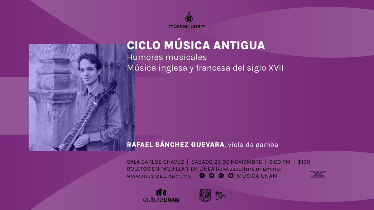 Rafael Sánchez Guevara presenta un programa de música para viola da gamba compuesta en Inglaterra y Francia durante el siglo XVII como parte del #Ciclodemúsicaantigua.

Más información: musica.unam.mx/calendario/eve… 

#MúsicaUNAM #CulturaUNAM