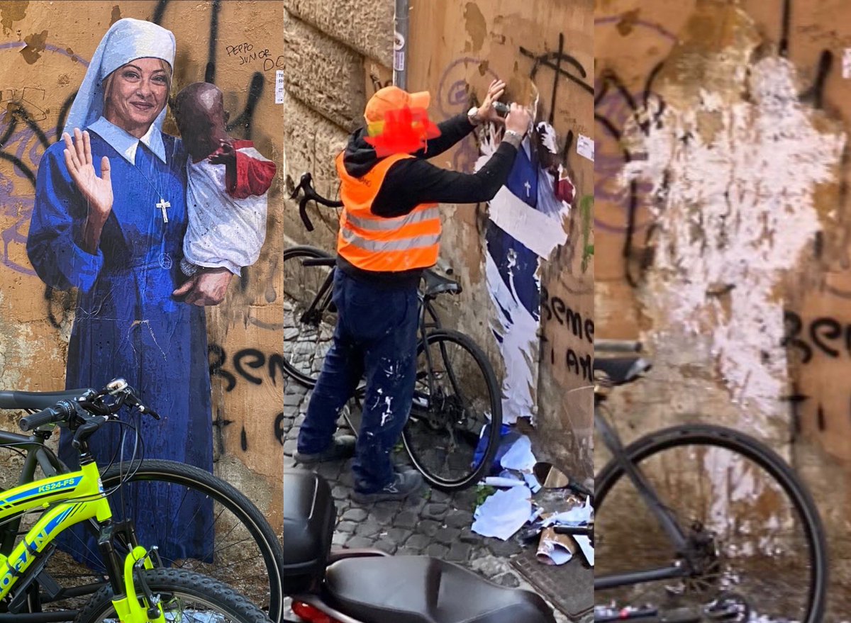 tvboy's tweet photo. La terribile minaccia è stata rimossa dalle autorità competenti. Ci sono voluti quattro rappresentanti delle forze dell’ordine e un impiegato pubblico per portare a termine la missione. Tutte le altre scritte, svastiche, celtiche, falli e oscenità varie, sono al loro posto. https://t.co/xaAUOtJLxK