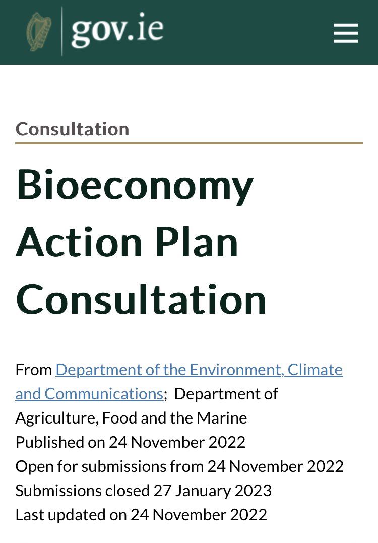 The aim of this consultation is to gather stakeholder feedback to inform aspects of the #Bioeconomy Action Plan 2023-25 ensuring it is effective and achievable - gov.ie/en/consultatio… #irishbioeconomy