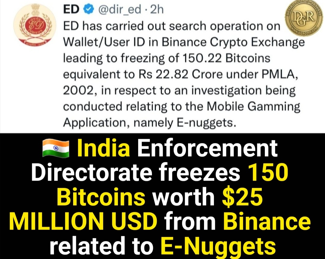 DGRCoin's tweet photo. 🇮🇳 #India Enforcement Directorate freezes 150 #BTC #Bitcoin worth $25 MILLION USD from #Binance related to #enuggets

✅️ #HODL @DGRCoin on #Tron #blockchain with #PrivateKey
TRzsuGc8YohLkhVhhemrA9CJSYMZvMghe7
✅️ ZERO #Transfer &amp; #Exchange fee capable
✅️ #Stake DGR/TRX #PoS https://t.co/pdrNAPx8vl