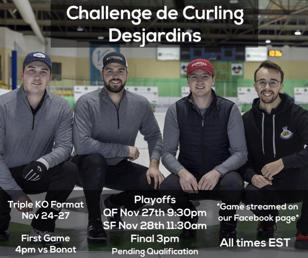 Our run at the Challenge de Curling Desjardins in Charlevoix starts tonight at 5:00AST. All games will be streamed on our Facebook and stay tuned for updates all week on our social media!