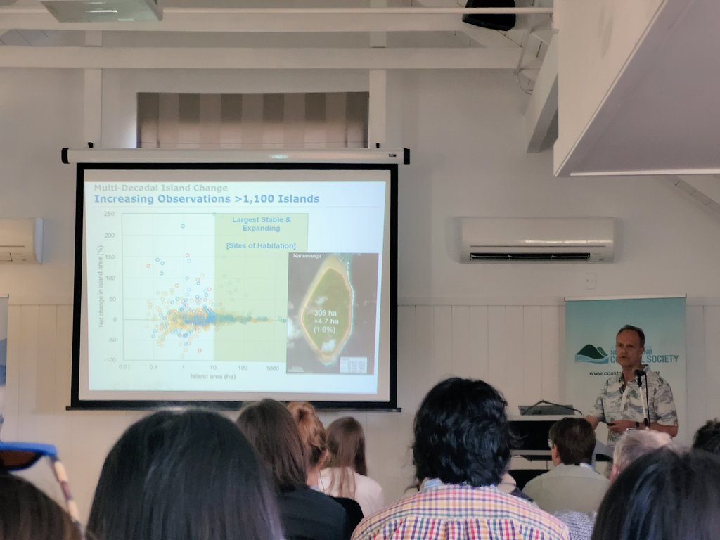Thepastfromabo1's tweet photo. Fantastic last keynote for NZCS conference 2022 by Professor Paul Kench discussing the long term work of himself and others on the impact of sea level rise on Micronesian atolls. Interesting to see how dynamic these landforms are. #atolls #science #coastal #NZCS https://t.co/YkLHbZw6PP