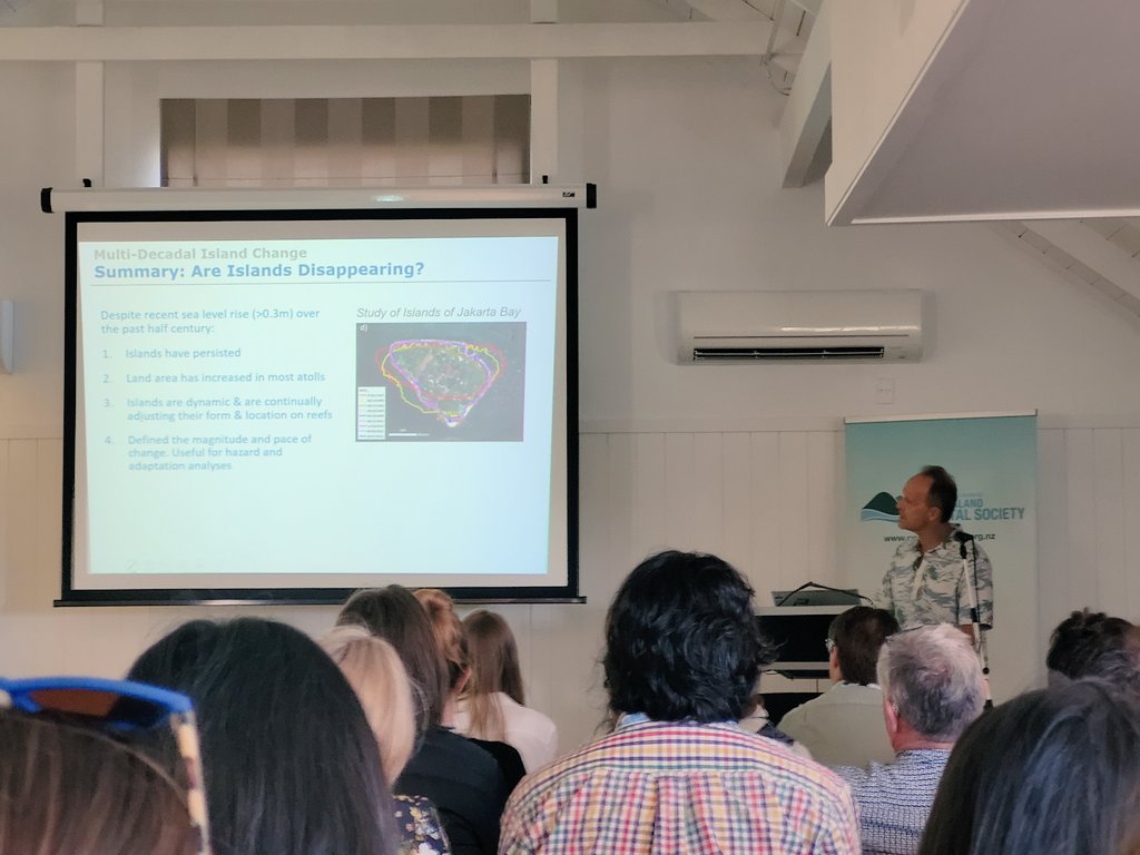 Thepastfromabo1's tweet photo. Fantastic last keynote for NZCS conference 2022 by Professor Paul Kench discussing the long term work of himself and others on the impact of sea level rise on Micronesian atolls. Interesting to see how dynamic these landforms are. #atolls #science #coastal #NZCS https://t.co/YkLHbZw6PP