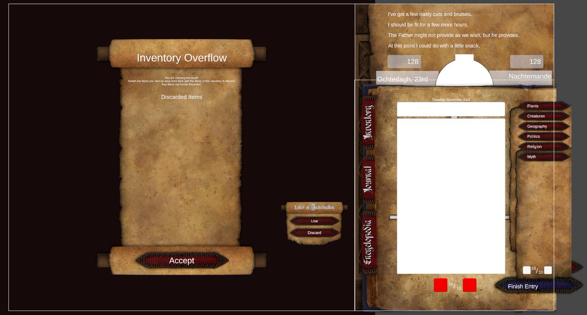 Yandalf2's tweet photo. And to top it all off, I made this cumbersome UI that was gonna permanently take up 1/3 of the game view to keep track of the player's journey. A key feature I wanted was a journal the players had to manually write in themselves! https://t.co/OKuphq7FOi