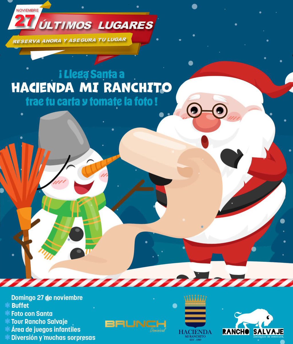 🎅🏼⛄️❄️📬🦌 Llega Santa a Hacienda Mi Ranchito 🎅🏼⛄️❄️📬🦌

Trae tu Carta a Santa este domingo 27 de noviembre al Brunch Dominical, disfruta de un divertidísimo día en familia y tómate la foto del recuerdo 📸

Reserva ya 📲 8711811216 

#HaciendaMiRanchito 🎄✨
