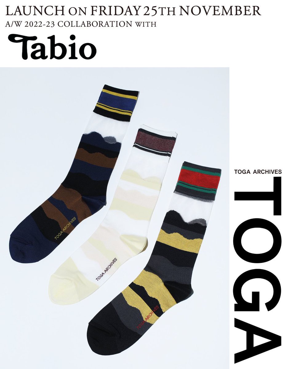 🔥TOGA × Tabio limited socks🔥
      【2022.11.25 Fri Release】

今年もやりますこのコラボ！
人気のシアーシリーズからファイヤーパターン等全てユニセックスサイズでご用意しております⚡️

Tabioブランド一部店舗でのお取り扱いとなります👐

⚠️お取り置きは不可となります⚠️