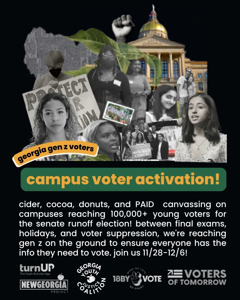Tonight, we're proud to launch canvassing on college campuses across GA in the final days of the Senate Runoff Election!

If you are a GA student, sign up in our bio! If not, let's talk about why mobilizing youth voters is critical this election (and what obstacles we face). 🧵