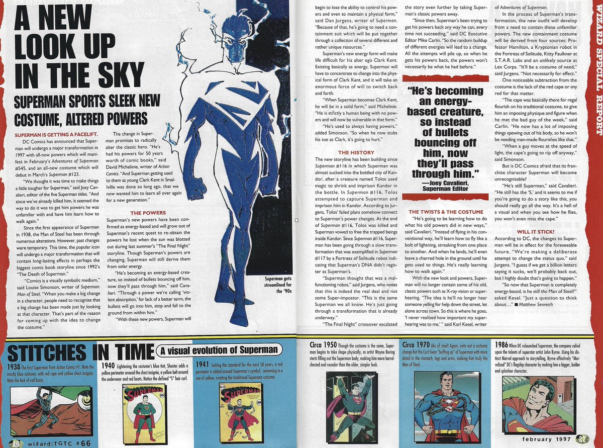 WizardsComics's tweet photo. Issue 66 of Wizard featured a sneak preview of the exciting new design for "Blue #Superman" and explanation of his new power set. What did you think of this costume change in 1997? https://t.co/VmoxDlOca2
