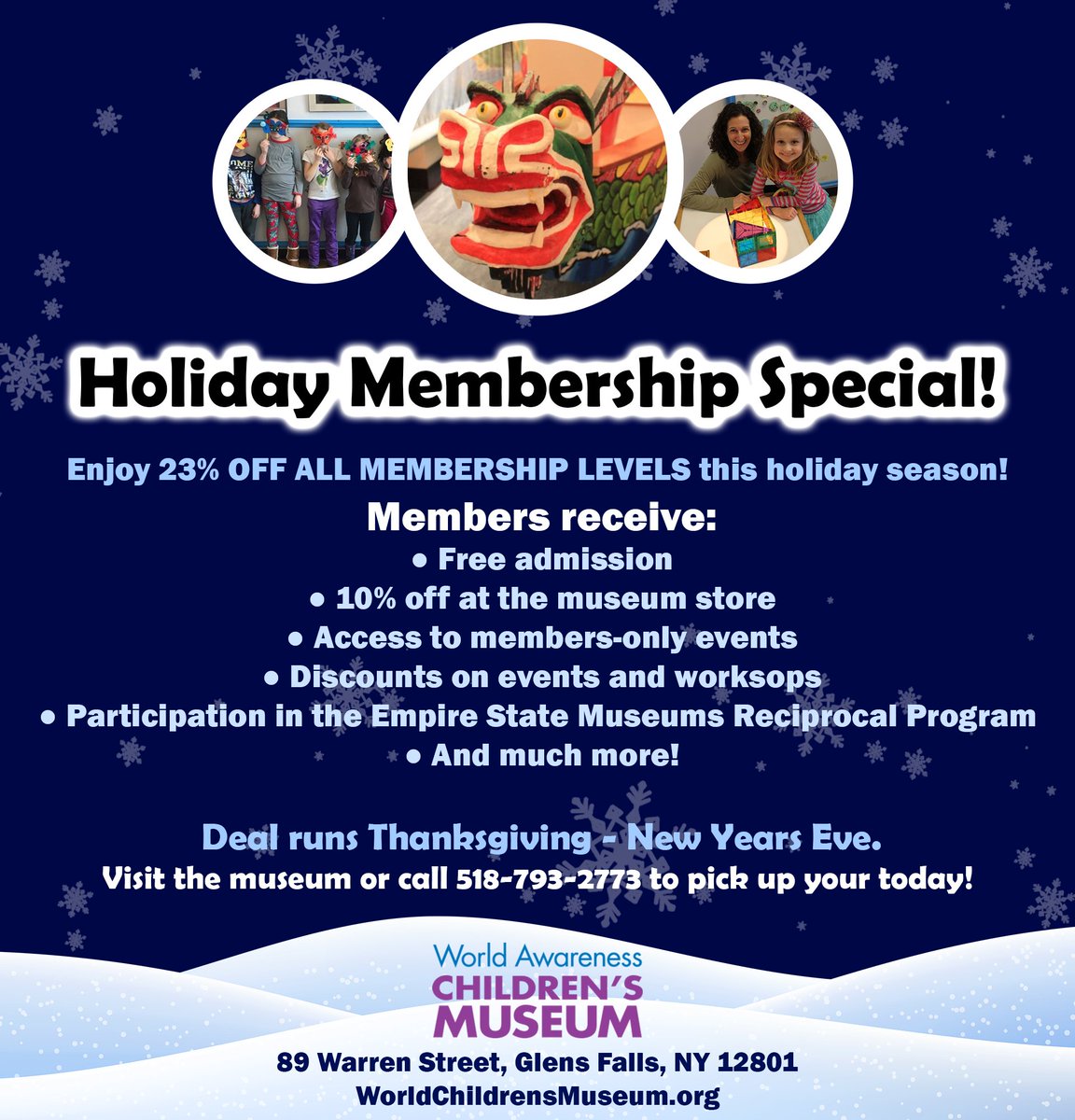 Did you know the World Awareness Children's Museum is offering 23% OFF ALL MEMBERSHIP LEVELS this holiday season? From our Companion Level to our Big Family Level, you can give the gift of becoming a part of the museum today and save. Visit paybee.io/@wacm@8 to learn more.
