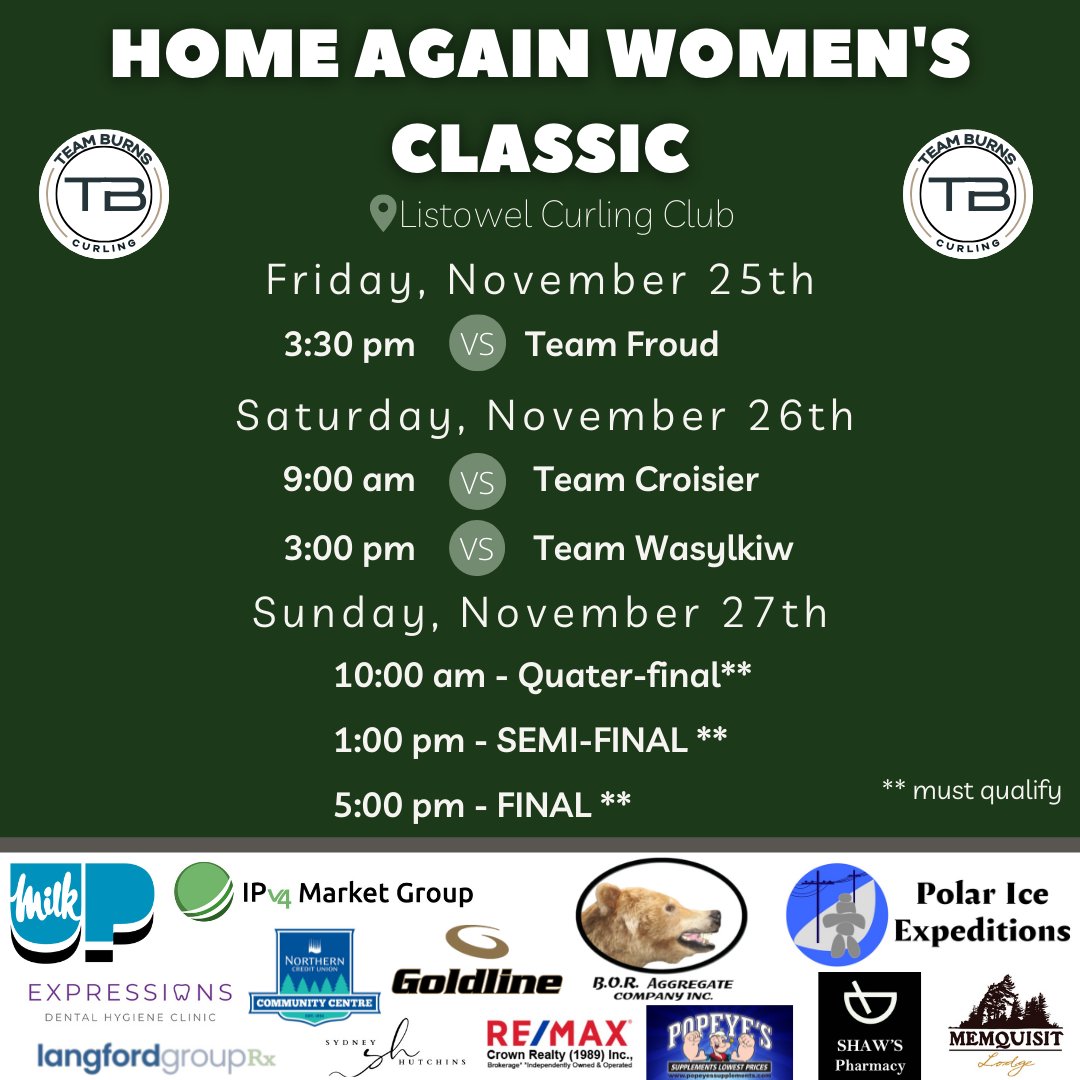 teamkburns's tweet photo. This weekend we are in Listowel for the Home Again Women's Classic! Our first game is at 3:30pm tomorrow against Team Froud! 

Follow along this weekend here: https://t.co/yAI4sLppq9 https://t.co/NDfbuumWk3