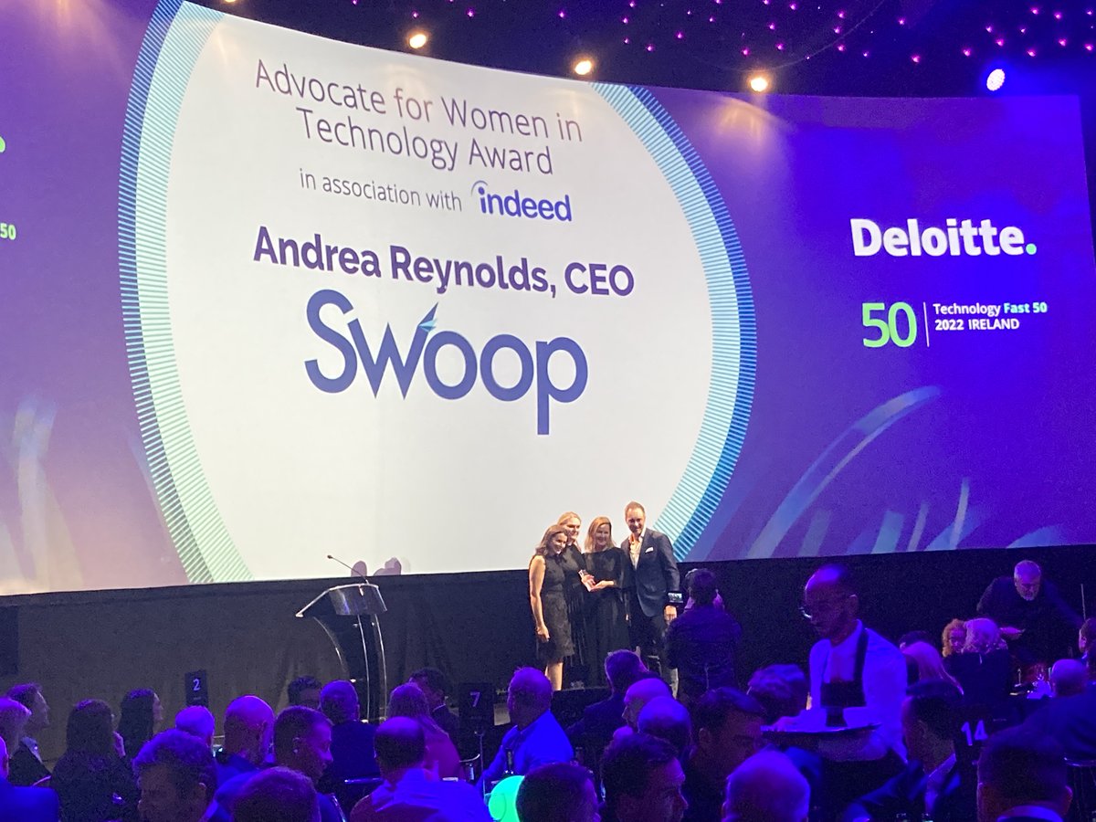 Congratulations to Andrea Reynolds, CEO of <a href="/SwoopFunding/">Swoop</a>, picking up the Advocate for Women in Technology Award in association with <a href="/IndeedIE/">Indeed</a> at tonight's #Fast50