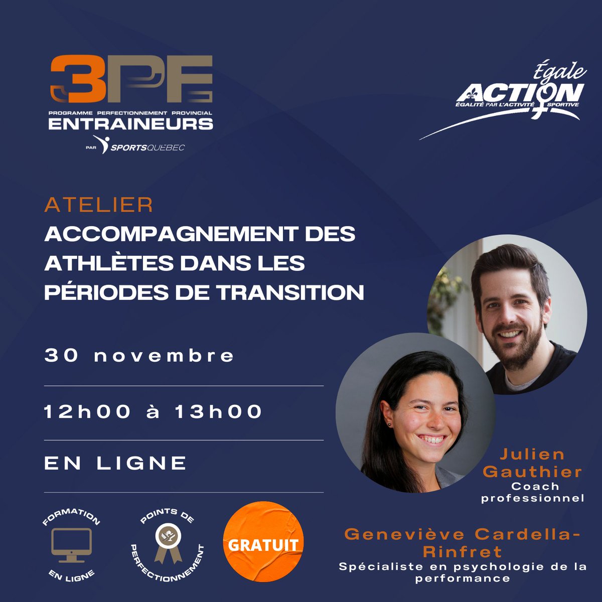 📣 Formation aux entraîneur.e.s!

Atelier de formation le 30 novembre sur l'accompagnement des athlètes dans les périodes de transition (SNE) 🏃‍♀️🤸‍♀️ 📚

Un autre atelier offert dans le cadre du NOUVEAU PROGRAMME 3PE!

Inscription ici 👉 bit.ly/3gppJmj