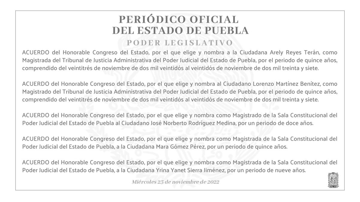 🔔 #AcuerdosPuebla | Del <a href="/CongresoPue/">H. Congreso de Puebla</a>, por el que elige y nombra a la C. Arely Reyes Terán, como Magistrada del Tribunal de Justicia Administrativa del @PoderJudicialP, del 23 de noviembre de 2022 al 22 de noviembre de 2037.
Completo en: bit.ly/3XuJjyJ