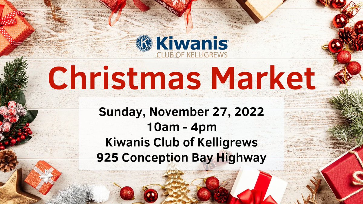 Kiwanis CBS Christmas Market. Sunday November 27th 10 am-4pm.  Great opportunity to get some Christmas shopping and support local vendors and crafters. 
#Christmasgifts #supportlocal 
<a href="/TownofCBS/">Conception Bay South</a>