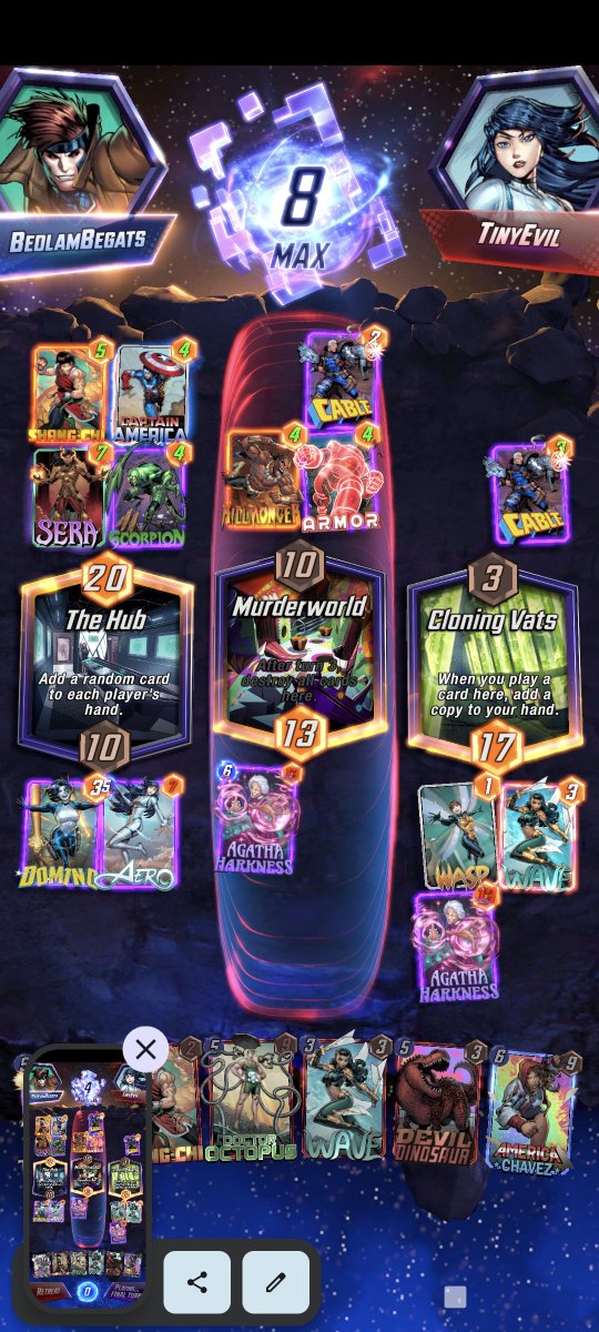 Digtin's tweet image. Agatha being Agatha. She duplicated herself on turn 4 and played the entire game to an 8 cube win. My first autoplay win! #MarvelSnap