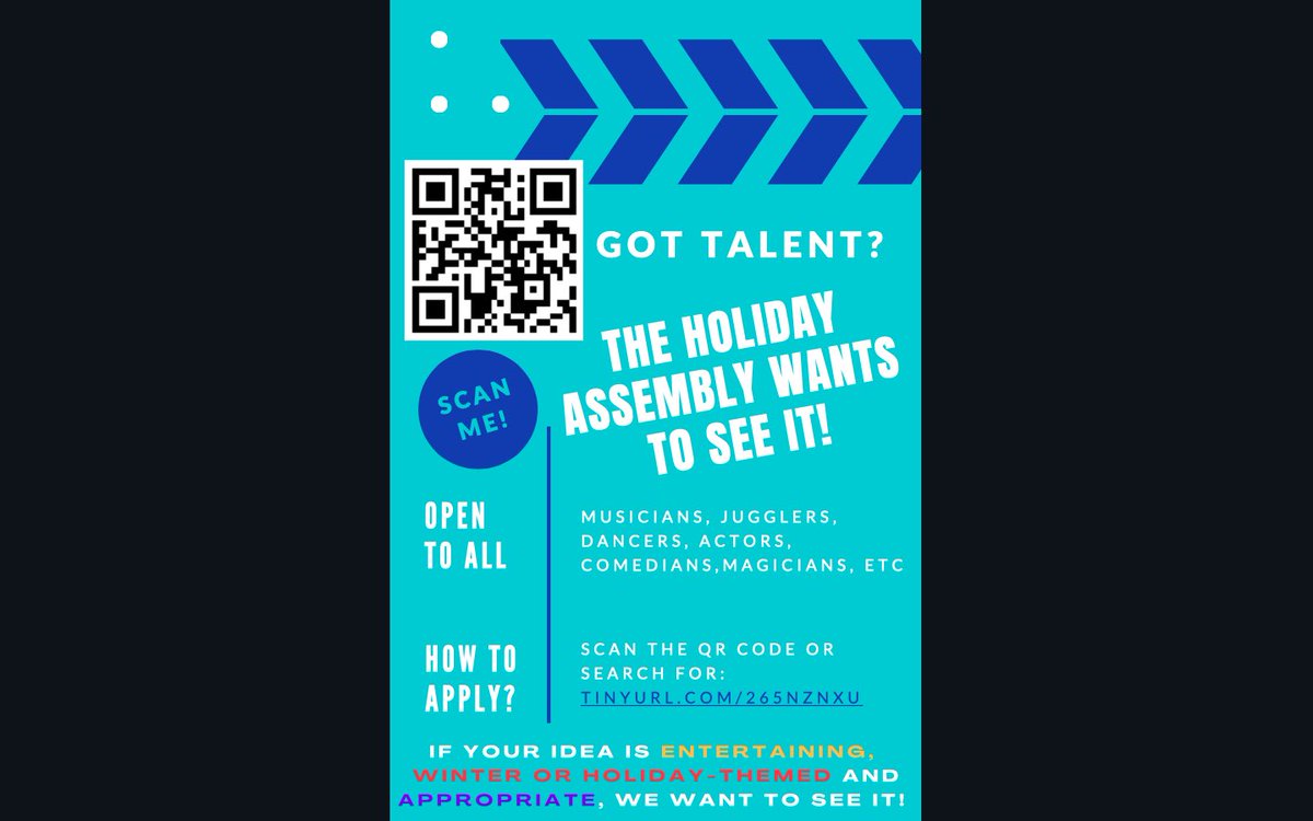 Got talent you want to show the school? Scan the QR code to sign up for the Holiday Assembly on December 23rd! We want to see all your talent lions! 🦁❄️

*Audition dates to follow!