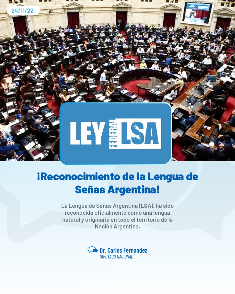 Carlos Alberto Fernández (@drfernandezok) on Twitter photo Hoy en recinto aprobamos de forma unánime a la Lengua de Señas Argentina (LSA), con el reconocimiento oficial como una lengua natural y originaria en todo el territorio de la Nación Argentina.
<a href="/cas_argentina/">CAS_Argentina</a>
<a href="/DiputadosAR/">Diputados Argentina</a> Hoy en recinto aprobamos de forma unánime a la Lengua de Señas Argentina (LSA), con el reconocimiento oficial como una lengua natural y originaria en todo el territorio de la Nación Argentina.
<a href="/cas_argentina/">CAS_Argentina</a>
<a href="/DiputadosAR/">Diputados Argentina</a>