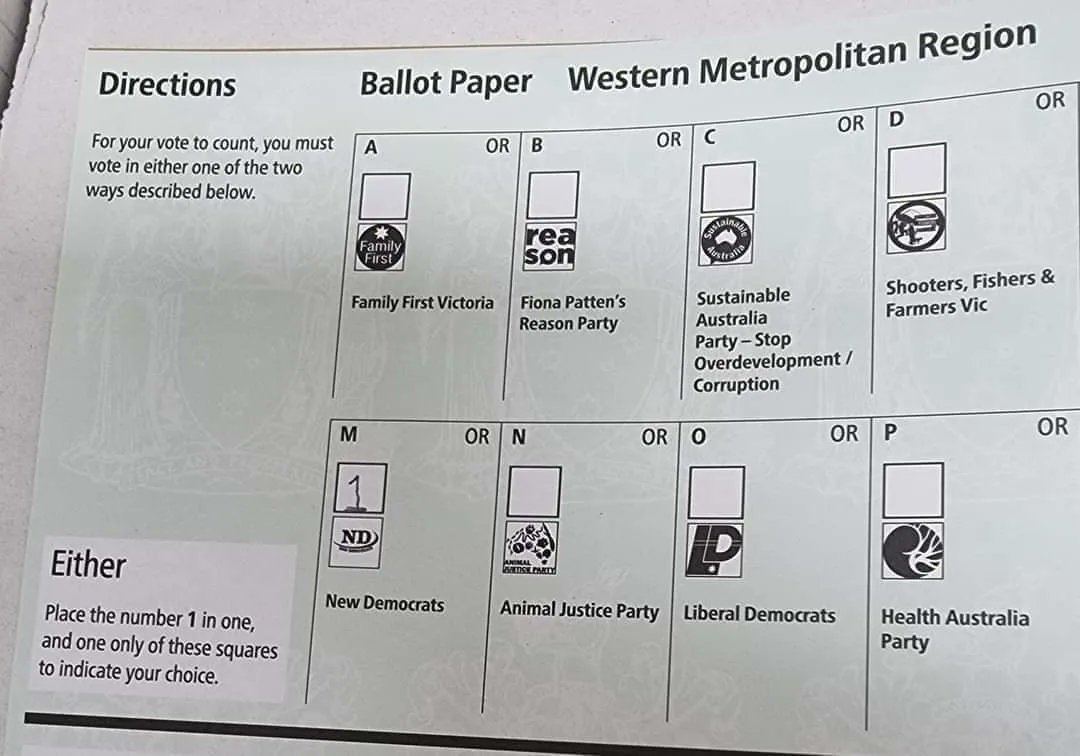 FOR KAUSHALIYA VAGHELA, VOTE '1' FOR 'NEW DEMOCRATS' PARTY 

On the large ballot paper for Western Metropolitan Region, put number '1' in only Box 'M' for NEW DEMOCRATS party. Please do not put any number in any other boxes on the large ballot paper. 

Vote 1 NEW DEMOCRATS