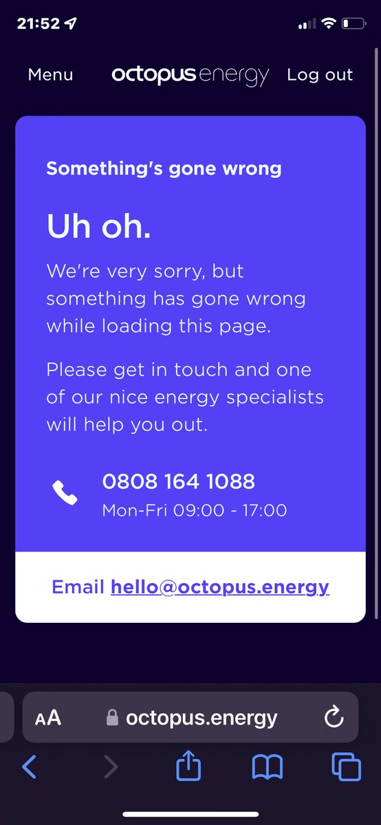 CXAngel4's tweet photo. @OctopusEnergy anyone else getting this error? https://t.co/Ik59HYHgiG