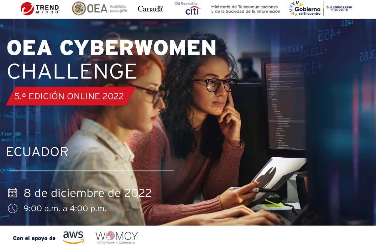 Telecom_Ec's tweet image. ¡Vamos a empoderar a las #Mujeres en las TIC!

@Telecom_Ec y @OEA_CITEL te invita este 8 de diciembre a la 5ta edición de #CyberWomenChallenge2022 🇪🇨.
Fortalece tus capacidades en #ciberseguridad
  
📲Inscripciones: bit.ly/3UUqxix
👉inf:bit.ly/3GFm7b2