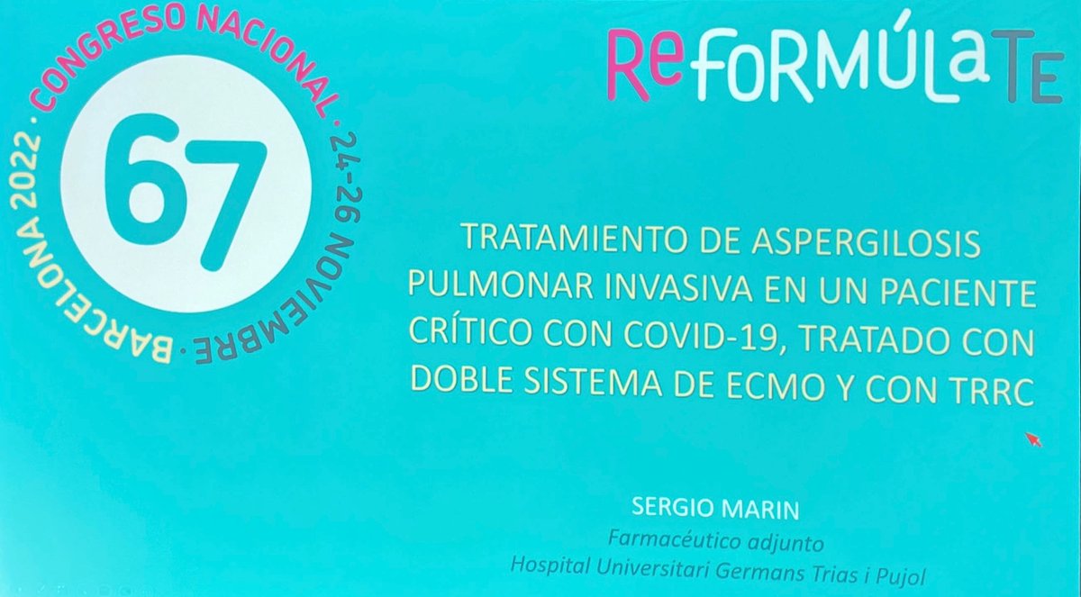 GermansTriasFH's tweet photo. Hoy @SMarinRub ha presentado el caso clínico:Tratamiento de aspergilosis pulmonar invasiva en paciente crítico con covid-19, tratado con doble sistema ecmo y con trrc #sefh22
¡Enhorabuena a todos los ponentes,han sido casos muy interesantes con muchísima calidad! ¡Suerte a todos! https://t.co/4DyMsGclNm