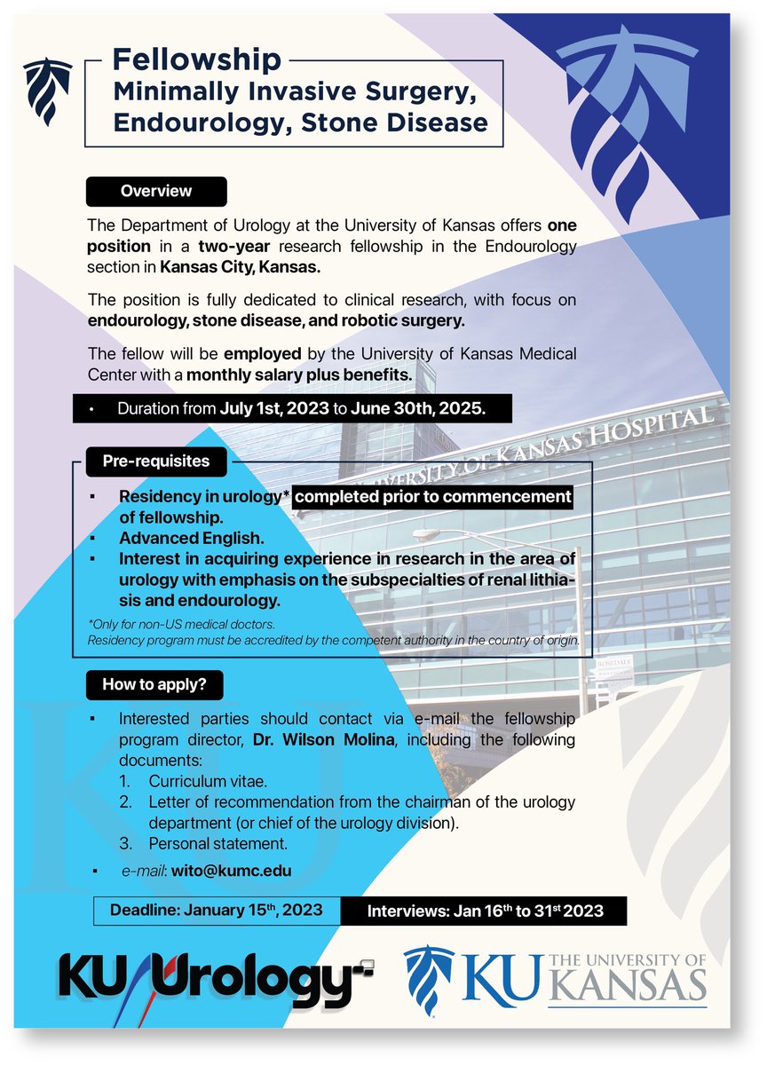 KUendourology's tweet image. searching for a new research fellow starting next summer. Come join oir endo group at @KHS_Urology, @SCSAUA @NCSAUA @AmerUrological @CAU_URO @Endo_Society @sbusp_oficial @sbuoficial @SocBrasUroMG @sburs @Uroweb @eau_yuo