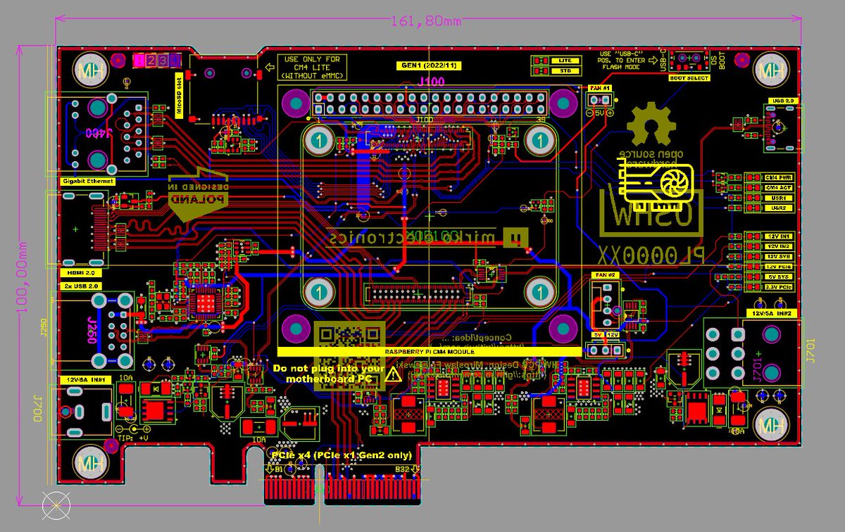 Sneak peek of my next PCB project during development (test setup).

Implemented: PCIe Gen2 x4 edge connector, GbE, HDMI 2.0, 2x USB 2.0, 12VDC (up to 8A).

Project will published as OSHW (next year).

PCB dimensions: 100 x 161.80mm (golden ratio).
4-layer PCB.