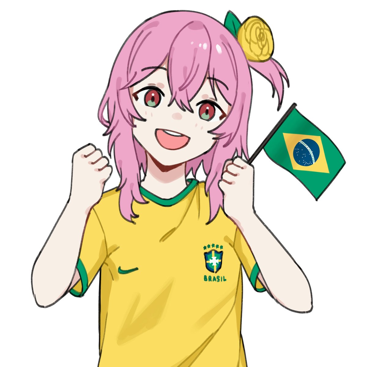 1girl flag solo holding flag pink hair soccer uniform flower  illustration images