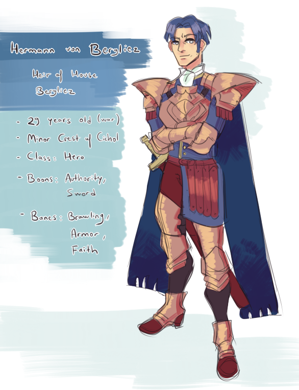 motherfucker supreme. he doesnt like Caspar much

[fire emblem, three houses, oc kinda, caspar von bergliez, hermann von bergliez] 