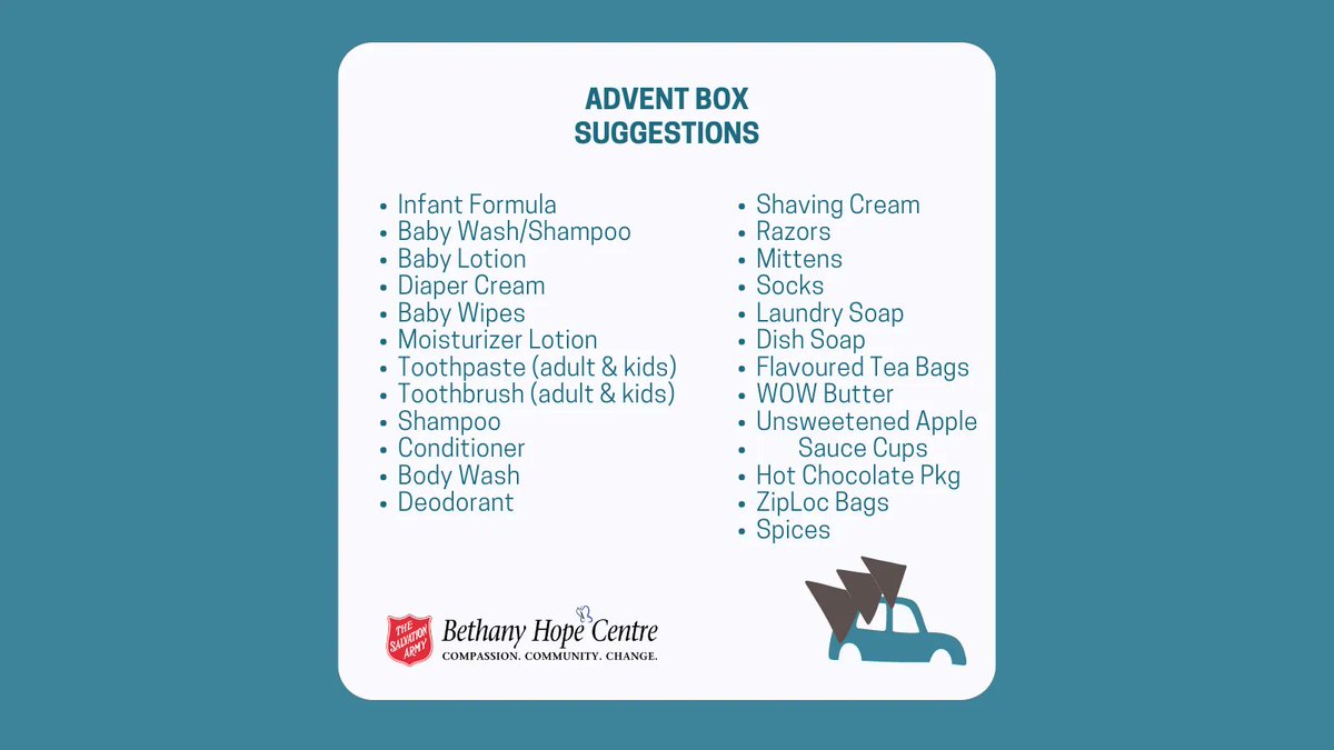 BethanyHopeCtr's tweet photo. Create an Advent Box &amp; count down the days until Christmas with your family, friends, or co-workers by adding an item to the box each day. Drop off the box by Jan. 13.

#CompassionCommunityChange #SalvationArmyCanada #ItTakesACommunity #DonateOttawa https://t.co/ENtOCpZ6Hq
