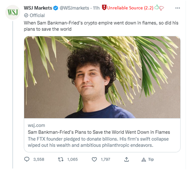 DefiBanked's tweet photo. @elonmusk @WSJmarkets @elonmusk "Feature Enhancement Request" you should add a logo that shows reliability of source based on a combo of Twitter and community up/down voting.  

This will definitely stir some controversy, but also create lots of user engagement.  

@MarioNawfal @KimDotcom @crytomanran https://t.co/ywyClYspZN