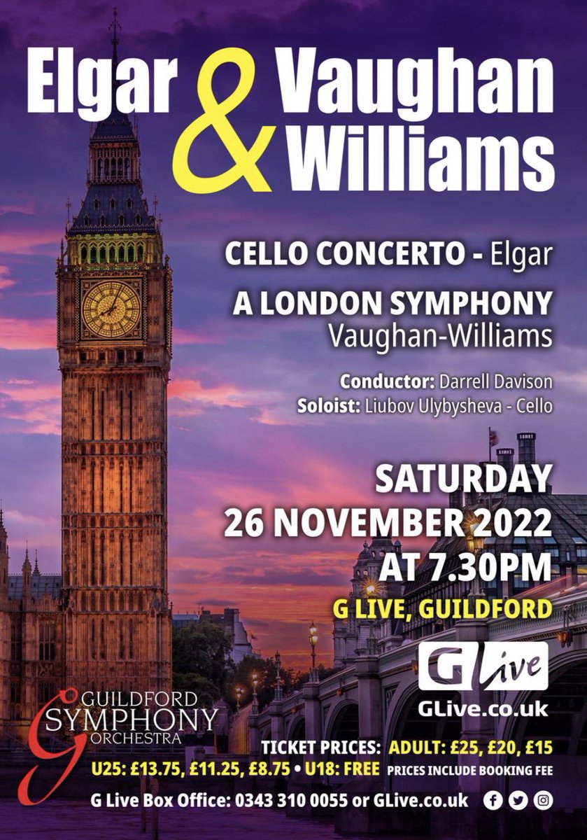 GuildfordSymph's tweet photo. Join us @GLiveGuildford this Saturday night for an exciting concert of British music, featuring Walton, Delius, the Elgar Cello Concerto and Vaughan Williams’ London Symphony. Tickets still available here 👉 https://t.co/2kkHCvMdjx https://t.co/NFKccnUYwk