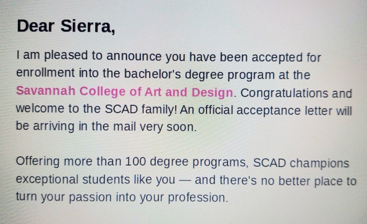 vjbrownart916's tweet photo. Excellent news, everyone! I got accepted in SCAD! I'm so happy to have been accepted into my dream school. I can't wait to begin my career with the help of one of the top art and design school in the country! #SCADbound https://t.co/MwQoxq0cBU