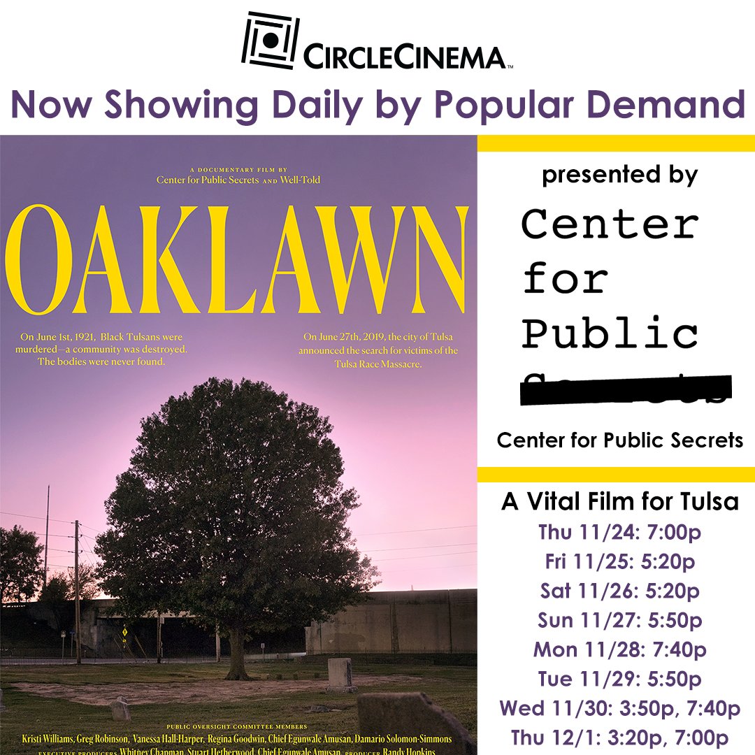 #Oaklawn is a vital film for all Tulsans to see - now screening daily only in theaters at Circle Cinema. Presented by Center for Public Secrets. Tickets and more here: loom.ly/OSUEA7g #1921tulsaracemassacre #blackwallstreet #CircleCinema