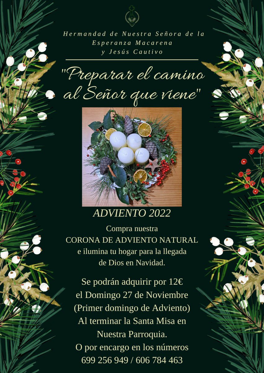 HdadMacarenaVal's tweet photo. 🔴NOTICIA | Próximos al Adviento, la Hermandad dispone de coronas para preparar el camino al Señor en nuestros hogares.

¡No te quedes sin la tuya!

¡CONTIGO, EN HERMANDAD!💚 https://t.co/dReGYwy7sq